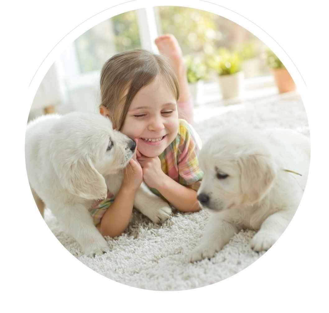 A child laughing with two puppies on a freshly cleaned carpet